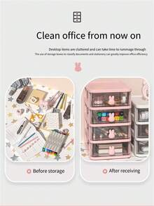 兔头桌面收纳盒 - 多层透明塑料材质，大容量，配有兔耳提手和小抽屉，可收纳书籍、笔等物品。这款桌面收纳盒采用小抽屉设计，是一款塑料材质的储物盒，也是一款可堆叠的白色化妆品收纳盒。此外，它还适用于桌面、浴室台面、梳妆台、学校、家庭和办公室等场所。 - 彩色 - 查看 5