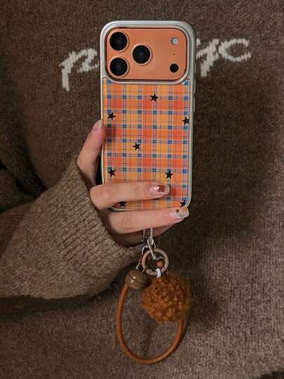 Orange Plaid Minimalist Star Design Soft Silicone Phone Case Compatible With IPhone 15, 17 Pro, 17 Pro Max, 14, 17, 16 Pro Max, 13