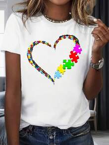 Awareness Heart Puzzle Piece T-Shirt Women's White Cotton Casual Top For Support And Love220g - Black - View 1