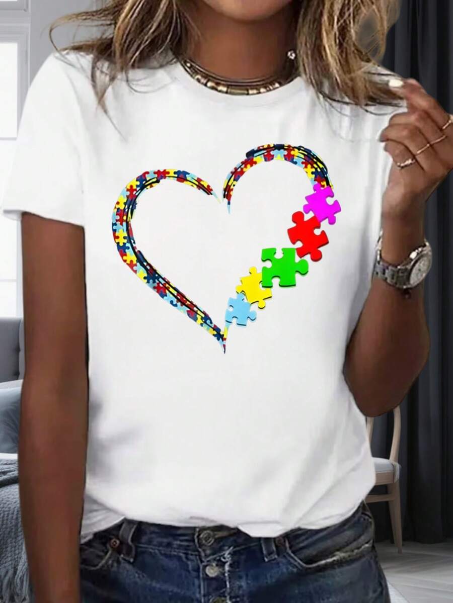 Awareness Heart Puzzle Piece T-Shirt Women's White Cotton Casual Top For Support And Love220g - Black - View 1