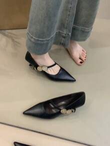2026 Zapatos de tacón alto con punta afilada y hebilla metálica elegante, zapatos de tacón bajo de color vino tinto estilo francés para ir al trabajo, sandalias de oficina/playa de metal puro - Negro - Ver 6