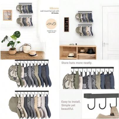 Hat Rack Wall Mount Set Of 2 Hat Storage Organizer For 20 Baseball Caps Modern Metal Closet Hat Hooks For Wall Ball Caps Holder Organizer For Bedroom Entryroom Closet Organization Black