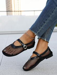 2026 Spring/Summer Retro Chic Black Snake Skin Textured Hollow Mesh Metal Buckle Strap Flat Mary Jane Shoes, Suitable For Commuting, Shopping, Dating, Valentine's Day Party - Black - View 8