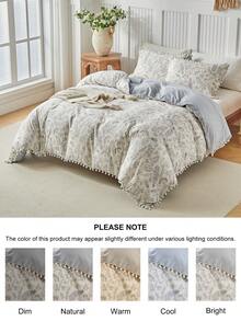 3pcs Floral & Plant Pattern Digital Print Duvet Cover Set, With Pom Pom Tassel, Modern Farmhouse Style Bedding Set, Queen Size, Soft & Breathable, Machine Washable (1 Duvet Cover + 2 Pillow Shams) - Multicolor - View 6
