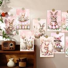 30张粉色复古复活节兔子墙饰，卡通可爱兔子和彩蛋明信片套装，春季主题墙贴套装，适用于家居和卧室装饰，节日美学小海报 - 彩色 - 查看 4