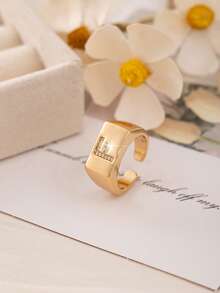 1pc Luxury Initial Open Ring, A-Z Letter Block Design With Cubic Zirconia, Adjustable Fashion Ring For Girl & Teens, Gift For Friends - Gold - View 28