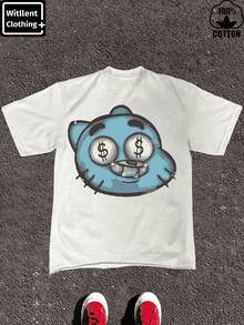 Witllent Women's 100% Cotton Perfect For Fans Of The Cute World Of Gumball T- Shirt, Women's 220g Heavy Cotton T-Shirt (1 PC) -Round-Neck T-Shirt,High Cost Performance,Classic Black & White,Casual And Versatile, Perfect For Everyday Wear. - 白色 - 查看 12