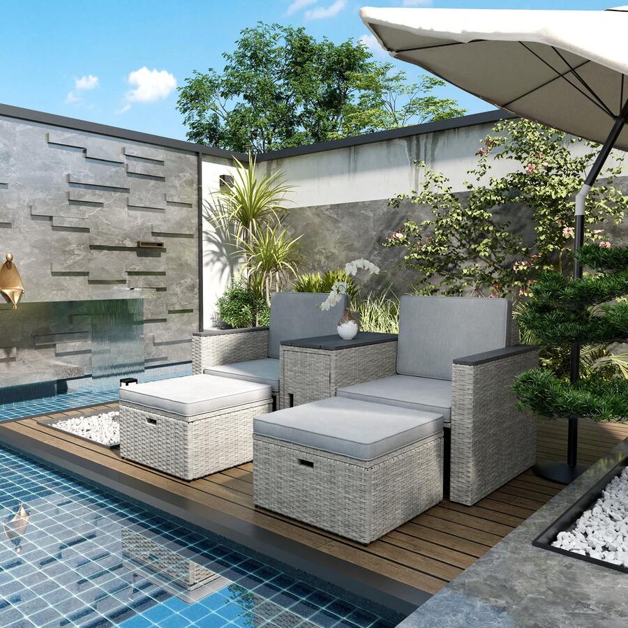 Outsunny 5 Piece Rattan Garden Furniture Set, Nesting Outdoor Furniture Conversation Set With 2 Footstools, WPC Storage Coffee Table And Cushions, Wicker Garden Sofa For Conservatory, Terrace, Grey - Grey - View 1