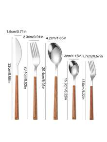 5/20/30件套不锈钢餐具套装，塑料手柄木纹设计，包含刀、叉、勺、甜点勺，适用于餐厅、酒店、婚礼、礼品 - 銀色 - 查看 2