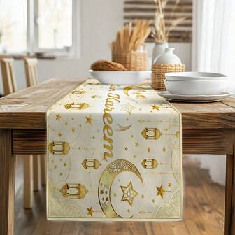 1 pieza Camino de mesa con estampado de luna creciente de Ramadán, adecuado para festivales, fiestas, cumpleaños, cenas, decoración de mesa de restaurante, todas las estaciones, decoración del hogar
