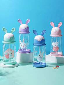 1个600毫升兔耳朵造型水杯，儿童学习吸管杯，学生兔子杯，可爱卡通瓶盖水杯，带挂绳 - 彩色 - 查看 6