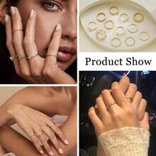 12 PCS Dainty 14K Gold Rings Women, Open Chunky Twist Simulated Criss Designs, Non Tarnish Gold Plated Stacking Thumb Ring, Wedding Bands Size 5 - 11 - 金幣 + 8 - 查看 4