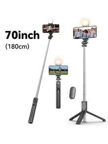 70'' Extendable Selfie Stick Tripod With Wireless Remote & Light – Portable Phone Stand For Smartphones And Cell Phones - Black - View 1