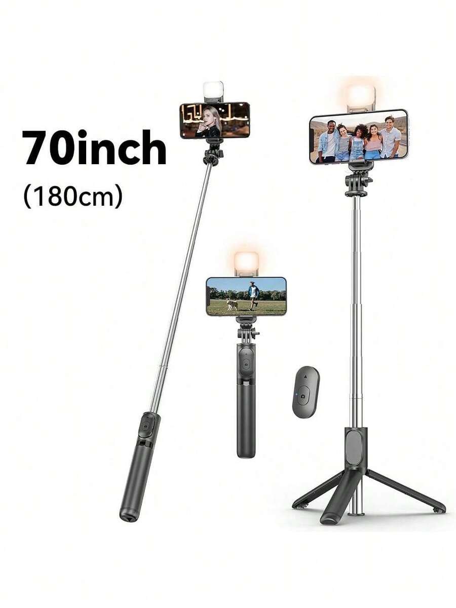 70'' Extendable Selfie Stick Tripod With Wireless Remote & Light – Portable Phone Stand For Smartphones And Cell Phones - Black - View 1