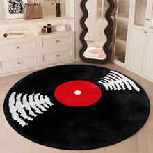 Black Vinyl Record Pattern Velvet-Feel Round Area Rug |   Retro Music Theme, Washable, Non-Slip, Durable, Easy Clean, Suitable For Living Room, Bedroom, Office, Study, Bathroom, Entryway, Doormat RRTC - Multicolor - View 6