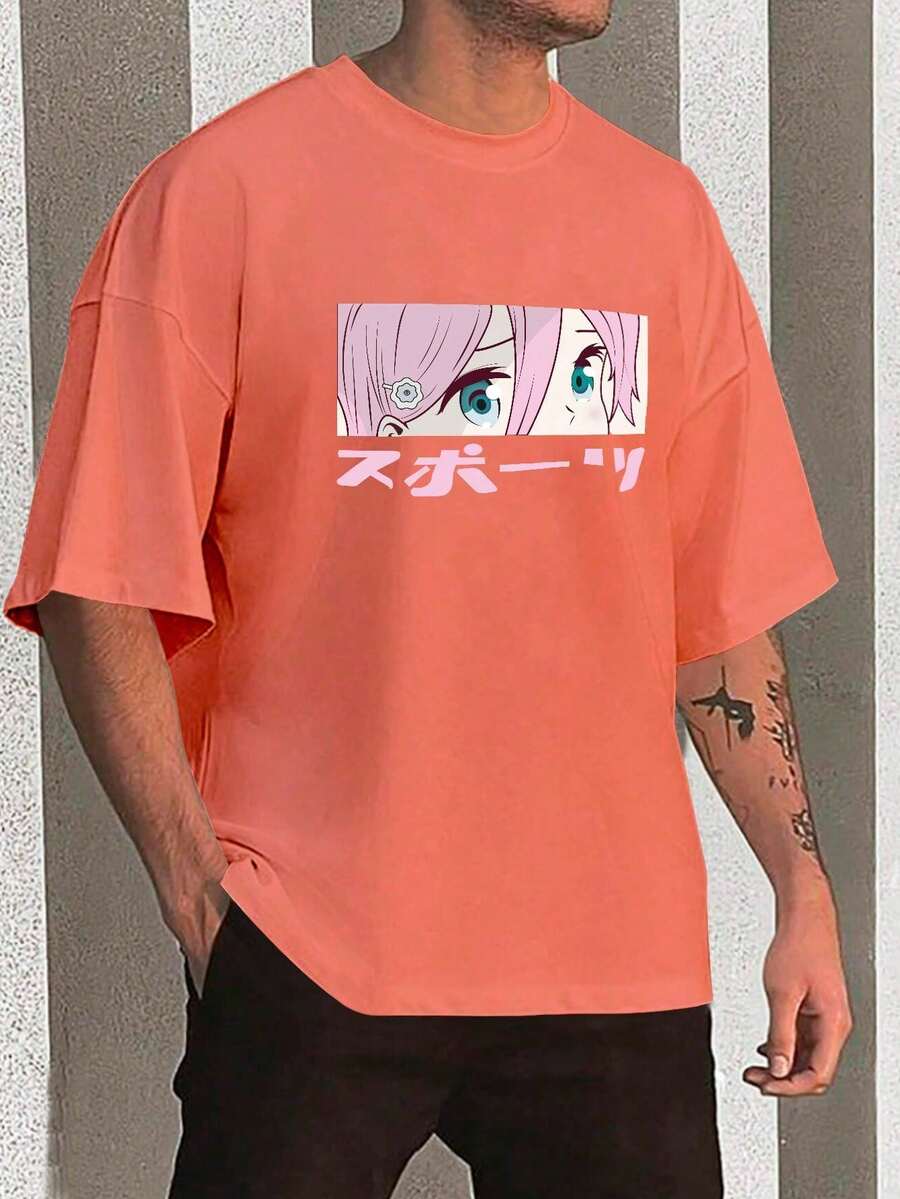 Y2K Anime Eye Print Oversized T-Shirt, Loose Fit, Premium Soft Fabric, Summer/Spring - 珊瑚粉 - 查看 1