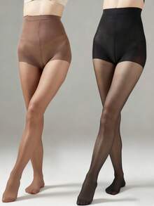 2pairs Women 20D Minimalist Solid Tights For Pantyhose, Coffee Brown And Black - Multicolor - View 2