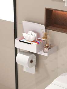 1 pieza Portarrollos de papel higiénico con estante, caja de toallitas húmedas de baño, caja de pañuelos, portarrollos de papel higiénico montado en la pared, caja de pañuelos para la sala de estar y el baño, estante de almacenamiento de papel higiénico sin taladro, organizador de accesorios de baño, accesorios de baño de hotel - Multicolor - Ver 6