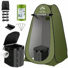 Portable Toilet Kit, Camping Toilet With - Privacy Tent And Poo Gel Toilet Bags, Washable Portable Outdoor Showers Changing Rooms - 黑色廁所和綠色帳篷 - 查看 2