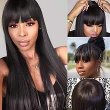 Peruca de Cabelo Virgem Brasileiro com Franja, Densidade de 180%, Cor Natural, Sem Renda na Frente, Adequada para Mulheres - Natural Black - Visão 3