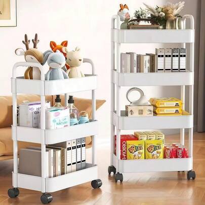 Carrito de pañales de plástico de 3 niveles con asa y ruedas, adecuado para la guardería, la cocina, el baño, la sala de estar y la mesita de noche, fácil de montar, estantería de almacenamiento móvil, carrito de almacenamiento multifuncional, esencial para la guardería, blanco