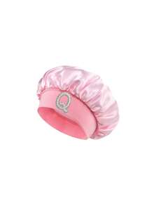 A-Z Letter Print Pink Elastic Wide Brim Satin Sleeping Cap For Kids - Fit, Hair Protection, Ultra Soft & Breathable Design With Non-Slip Lining - Pink - View 5