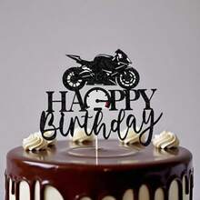 Motorcycle Happy Birthday Cake Topper - Black Flash Dirt Bike Motorbike Theme Party Birthday Cake Decoration 008 - 如圖所示 - 查看 4
