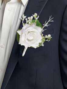 6/1件装白色玫瑰胸花，配满天星，男士婚礼、新郎及伴郎胸花，逼真仿真丝花别针，完美适用于婚礼、舞会、周年纪念、返校节、秋季复古乡村婚礼等场合。 - 白色 - 查看 2