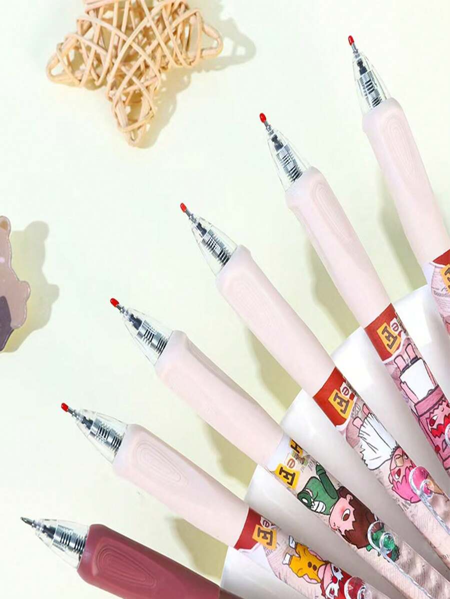6支0.5毫米可伸缩圆珠笔，高品质卡通设计，缓解压力，适合书写练习 - 彩色 - 查看 1