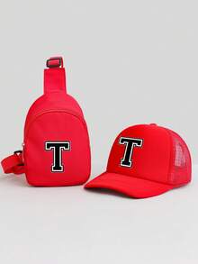 2pcs Kids Red 26 Letter Personalized Sponge Mesh Cap Set, Fashionable Cool Breathable Sunshade Hollow Design Baseball Cap & Compact Lightweight Versatile Pouch, Gift Set, Suitable For 5-8 Years Old Boys & Girls Casual, School, Travel In Spring/Summer - Red - View 12