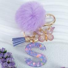 Cute Pom Pom Sequin Letter A-Z Resin Tassel Keychain, Wallet & Handbag Charm, Chain Backpack Pendant, Car Hanging Ornament, Girl Gift, School, Car Accessories, Gothic Y2k - Purple - View 7