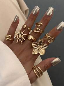 8pcs/Set Vintage Smooth Plain Rings, Bohemian Starfish Personalized Rings, Fashion Rings - 金色 - 查看 1