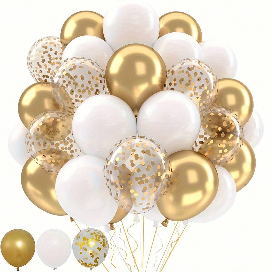 50个金色和白色气球 - 10英寸白色和金色气球，带有金色金属亮片，适用于婚礼、毕业典礼、订婚、周年庆典、婴儿派对、生日派对、洗礼和铂金主题派对 - 白金 - 查看 1