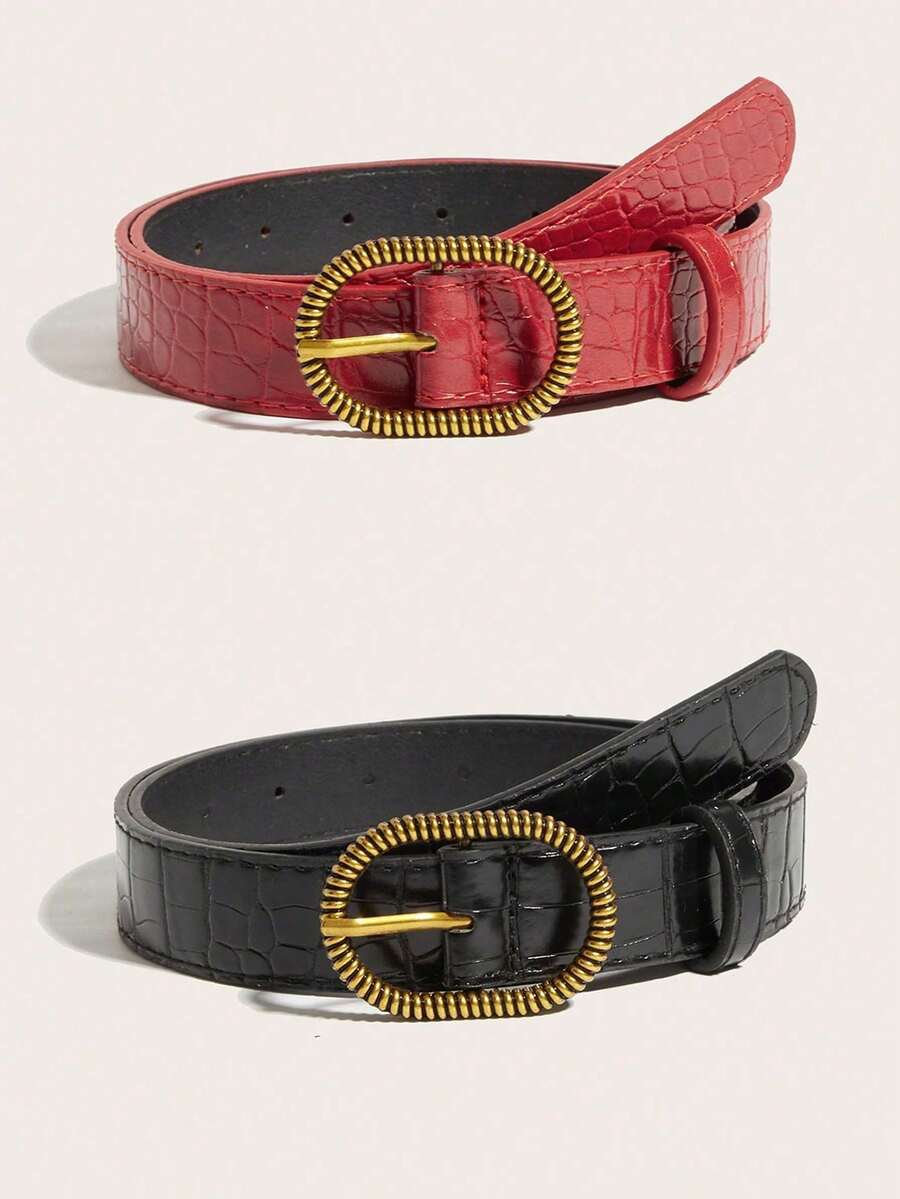 1. Fashion Solid Color Belt, Minimalist Gold Metal Buckle Leather Belt, Girls Litchi Texture Versatile Pants Belt, Suitable For Daily Wear, Gift For Friends, Couples Belt - 105 - View 1