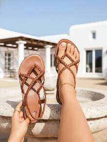 planare 女士时尚休闲度假PU露趾绑带圆头套脚舒适夏季棕色凉鞋，女士平底凉鞋，女士凉鞋，夏季凉鞋，女士黑色罗马凉鞋，度假凉鞋，优雅女士凉鞋，平底鞋，棕色凉鞋，编织凉鞋，棕色鞋，人字拖凉鞋，蓝色凉鞋，沙滩凉鞋，女鞋 - 棕色 - 查看 9