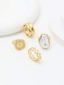 4Pcs/Set Vintage Faux Pearl Irregular Geometric Rings For Women Wedding Finger Jewelry Gifts ﻿ - Yellow Gold - View 3