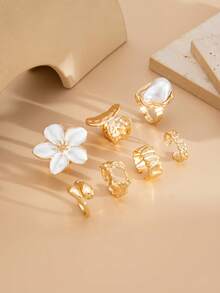 7pcs/Set Bohemian Geometric Faux Pearl Asymmetrical Hollow Ruffle Flower Fashion Open Ring Set, Luxurious Everyday Versatile Jewelry Gift For Women - Ring - View 11