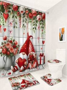 1/4 Piezas Conjunto de decoración del Día de San Valentín, con figuritas de gnomos en pareja con corazón, rosa y patrones florales. Esta adorable y romántica cortina de ducha roja y rosa es lavable, perfecta para la decoración del baño. Incluye 12 ganchos y una alfombra de baño antideslizante, así como una tapa de inodoro en forma de U, convirtiéndolo en un excelente regalo para los seres queridos. - Multicolor - Ver 17