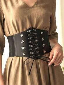 1pc Women's Basic Casual Black Personalized Five-Pointed Star Drawstring Adjustable Waist Cincher, Slim Fit Suitable For Daily Commute, Runway, Street Style, Gatherings, Dates And Other Occasions - Black - View 2