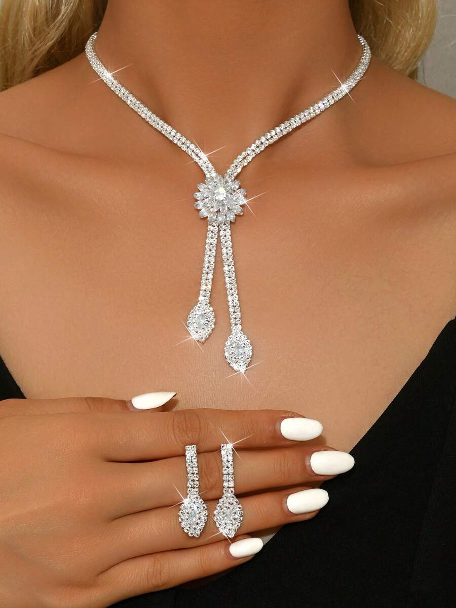 Water Drop Shaped Bridal Fashion Zirconia Exquisite Jewelry, Suitable As Wedding, Birthday Gift Or Party Decoration - Silver - View 1