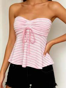 Women Striped Strapless Babydoll Tops Slim Off Shoulder Sleeveless Ruffled Hem Open Back Tie-Up Shirts  Summer Streetwear Women's Pink  White Striped Strapless Tube Top - Ribbed Fabric Front Ruched Drawstring Detail Fitted Flared Hem Sweet Casual Daily Date Wear(S-L) - Hồng - Xem 1