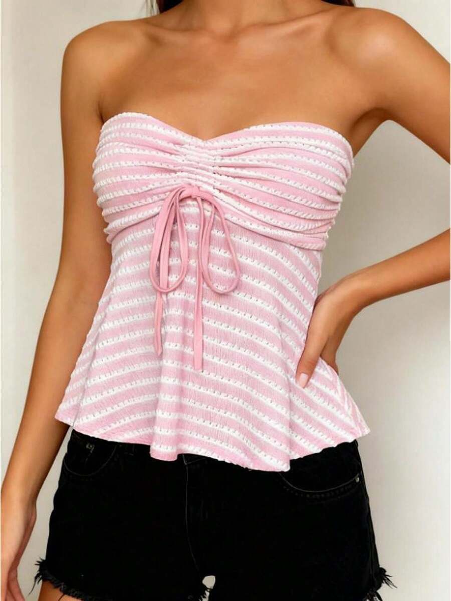 Women Striped Strapless Babydoll Tops Slim Off Shoulder Sleeveless Ruffled Hem Open Back Tie-Up Shirts Summer Streetwear Women's Pink White Striped Strapless Tube Top - Ribbed Fabric Front Ruched Drawstring Detail Fitted Flared Hem Sweet Casual Daily Date Wear(S-L) - Hồng - Xem 1