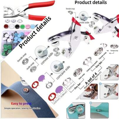 Fabric And Metal DIY Crafts Clothes Hats Sewing Snaps With Fastener Pliers Press Tool Kit, 10 Colors Solid Prong Ring Snap Buttons