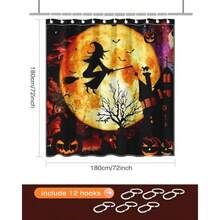 Cortina de ducha de Halloween bruja voladora castillo de Halloween cortina de baño de terror naranja noche luna poliéster juego de cortina de ducha de 72 x 72 pulgadas con 12 - Bruja - Ver 2