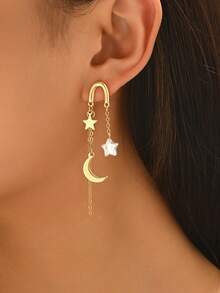 一对时尚星月流苏链新月耳环，电镀小五角星亚克力星形吊坠U形马蹄形耳环，适合女性日常、派对、婚礼、度假、约会、生日等场合佩戴，可作为礼物赠送。 - 金色 - 查看 4