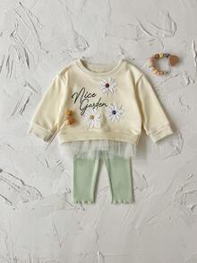 2pcs/Set Toddler Girls Flower Applique Mesh Hem Crew Neck Long Sleeve Sweatshirt + Green Pants, Spring/Autumn - Beige - View 8