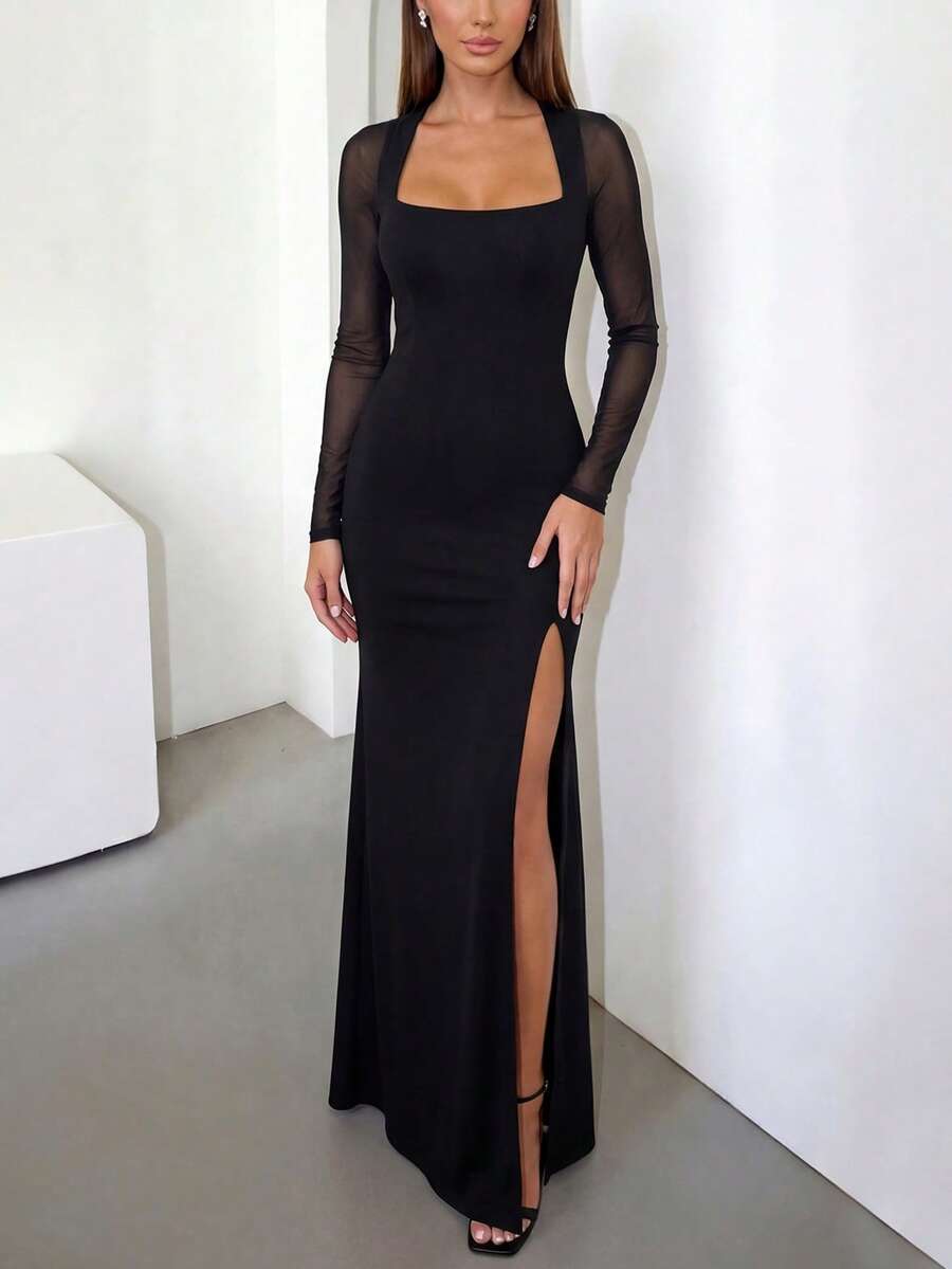 Đầm Maxi dự tiệc sang trọng cổ vuông tay lưới DOUCIU xẻ tà cao