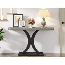 40 Inch Industrial Console Table – Narrow Entryway Table With Geometric Base For Living Room Or Hallway, Rustic Finish - Gray and Black - View 7