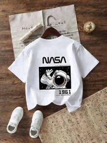 Camiseta de Manga Corta de Algodón para Niños Impresión de con Astronauta y Frase GO INTO SPACE 1961 Estilo Temático Espacial Verano Suelta Cuello Redondo Top Casual - Blanco - Ver 2