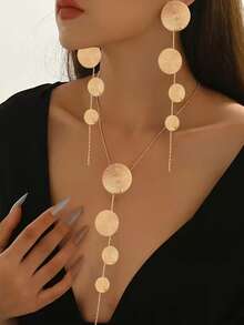 2pcs/Set Middle Eastern Style Geometric Long Tassel Round Welded Pendant Necklace Set, Exaggerated Design Suitable For Party, Festival, Street Style - Yellow Gold - View 5